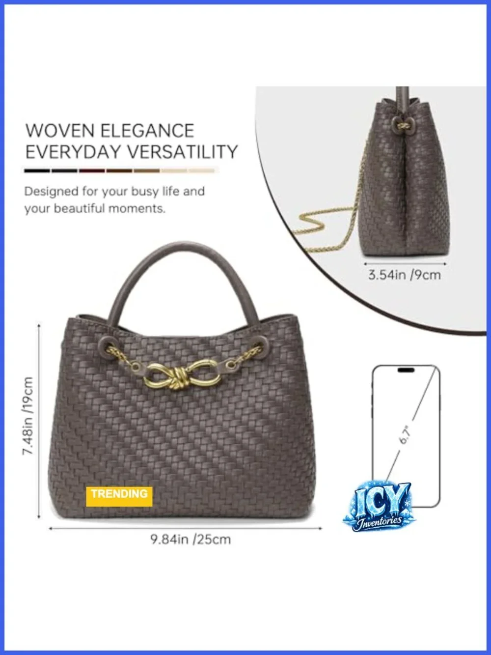 Woven Faux Leather Top Handle Purse with Adjustable Chain Strap